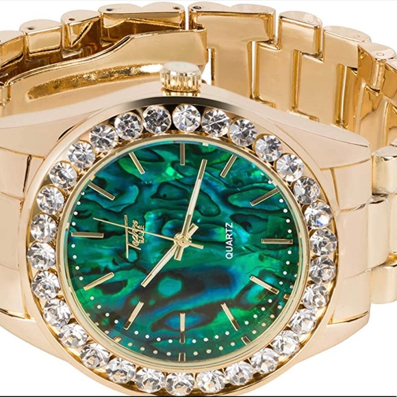 Gold Iced Out Marble Dial Watch w/Solitaire Bezel - Picture 6 of 8